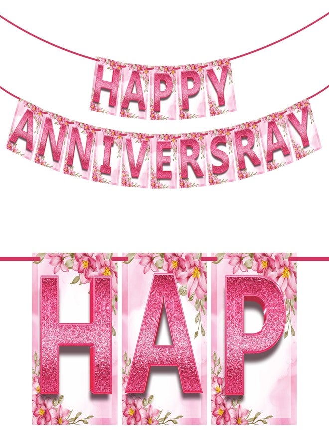 ووبوكس لافتة زينة عيد زواج سعيدة من ووبوكس، بخط وردي سيمر وخلفية زهور، زينة منزلية لعيد الزواج، قطعة زينة لعيد الزواج، قطعة زينة لعيد الزواج - Image 1